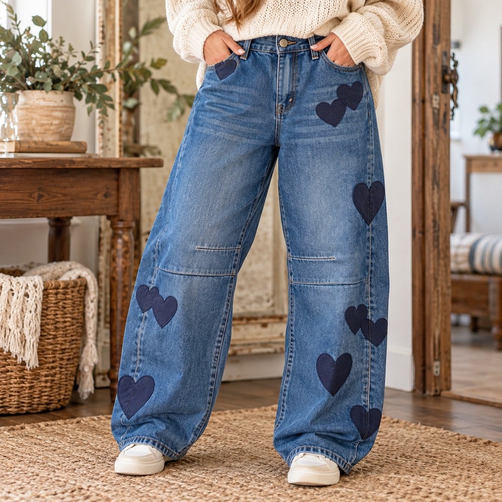 Heart Print Wide Leg Jeans Y2K Baggy Barrel Leg Cottagecore Streetwear